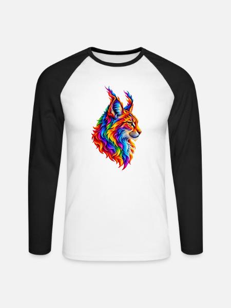 Flammender Regenbogen-Luchs - Unisex Baseballshirt langarm - Weiß/Schwarz