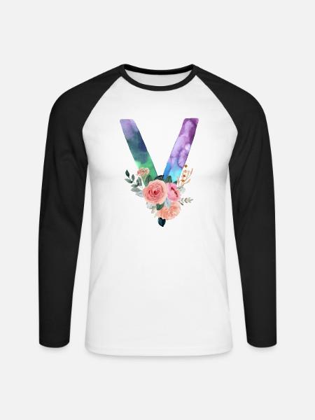 Buchstabe v Aquarell - Unisex Baseballshirt langarm - Weiß/Schwarz