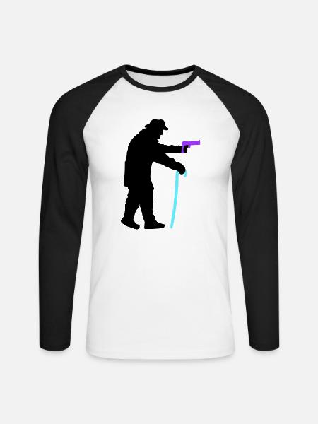 Grandpa robber silhouette with walking stick and gun - Unisex Long Sleeve Baseball T-Shirt - white/black