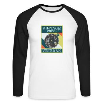 Vintage Vinyl Veteran - Unisex Baseballshirt langarm - Weiß/Schwarz - Vorne - Nik (191cm)