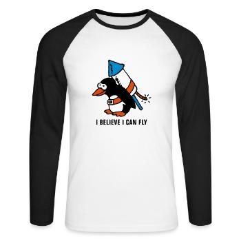 rocket_pinguin_white_b_3c - Unisex Baseballshirt langarm - Weiß/Schwarz - Vorne - Nik (191cm)