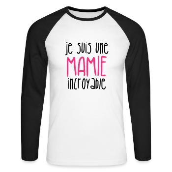 Mamie / Mamy / Grand Mere / Grand-Mère / Bébé - T-shirt baseball manches longues Homme - blanc/noir - Devant - Nik (191cm)