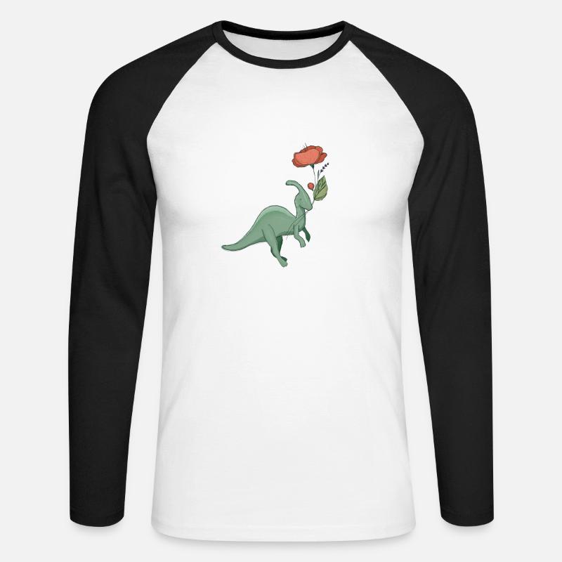 süßer Dinosaurier mit Blume - Unisex Baseballshirt langarm - Weiß/Schwarz