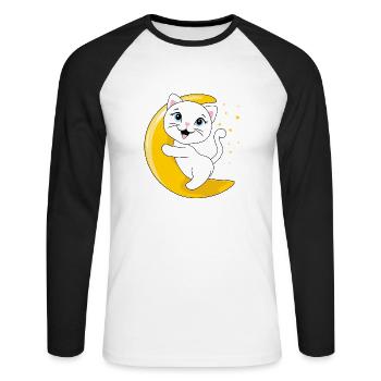 Smiling white cat sitting on the moon - Unisex Long Sleeve Baseball T-Shirt - white/black - Front - Nik (191cm)