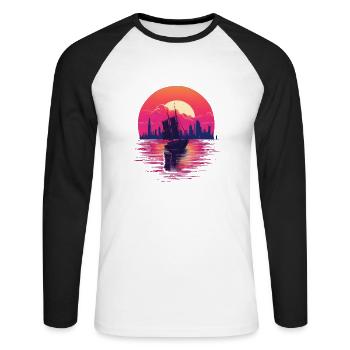 Synthwave sailing ship - Unisex Baseballshirt langarm - Weiß/Schwarz - Vorne - Nik (191cm)