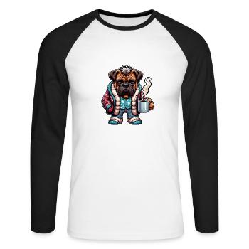 Bulldogge in Pyjama und Schal mit Kaffeetasse - Unisex Baseballshirt langarm - Weiß/Schwarz - Vorne - Nik (191cm)