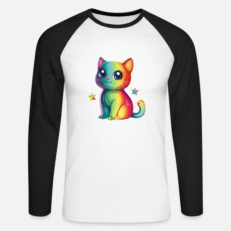 Süße Regenbogen Katze - Unisex Baseballshirt langarm - Weiß/Schwarz