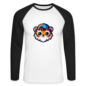 Tête de Tigre Kawaii avec casquette - T-shirt baseball manches longues Homme - blanc/noir - Devant - Nik (191cm)