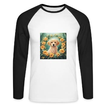 Mignon Kawaii bébé Golden Retriever Floral - T-shirt baseball manches longues Homme - blanc/noir - Devant - Nik (191cm)