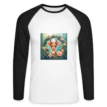 Cute Kawaii Baby Deer Floral - Unisex Long Sleeve Baseball T-Shirt - white/black - Front - Nik (191cm)