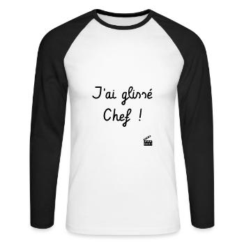 J'ai glissé Chef - La 7ème Compagnie - Culte ! - T-shirt baseball manches longues Homme - blanc/noir - Devant - Nik (191cm)