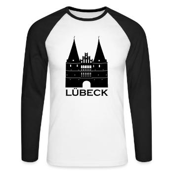 Lübeck, Holstentor - Unisex Baseballshirt langarm - Weiß/Schwarz - Vorne - Nik (191cm)
