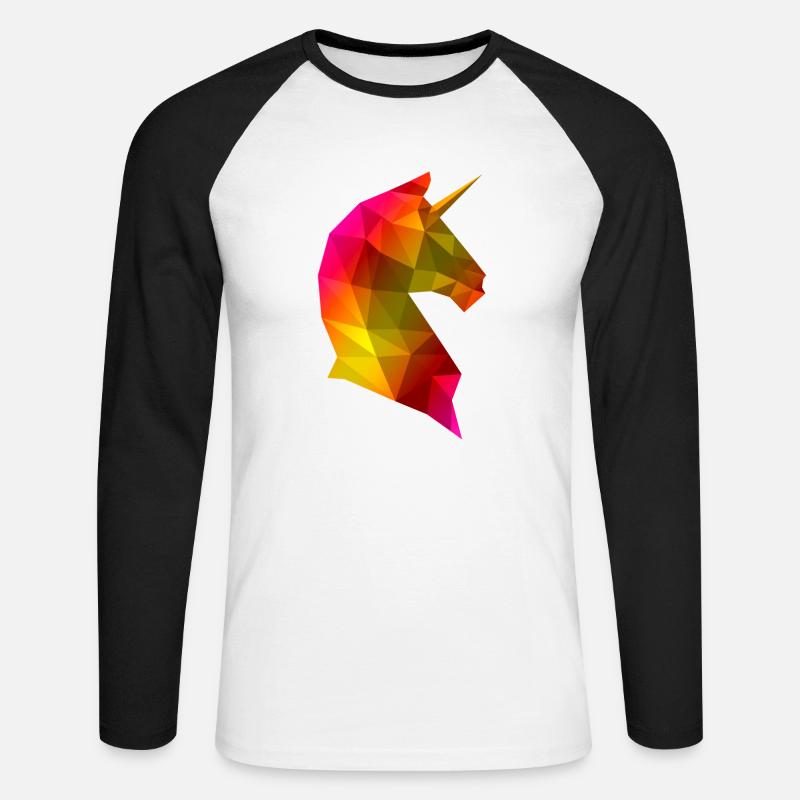 Einhorn Lowpoly Regenbogen 3D - Unisex Baseballshirt langarm - Weiß/Schwarz