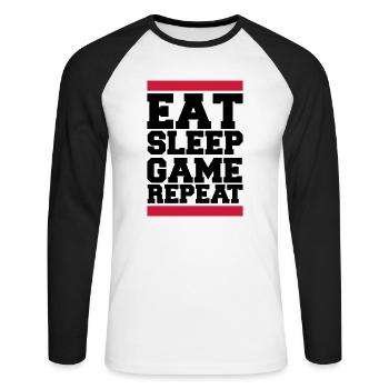 eat sleep game repeat - Unisex Baseballshirt langarm - Weiß/Schwarz - Vorne - Nik (191cm)