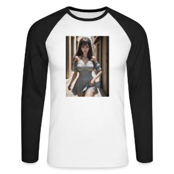 Femme dans une ruelle, ville,IA générée - T-shirt baseball manches longues Homme - blanc/noir - Devant - Nik (191cm)