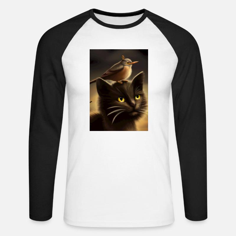 Vogel sitzt auf Katze - Unisex Baseballshirt langarm - Weiß/Schwarz