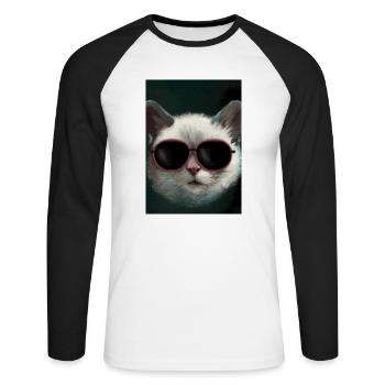 Katze mit Sonnenbrille - Unisex Baseballshirt langarm - Weiß/Schwarz - Vorne - Nik (191cm)