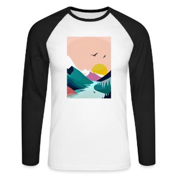 Wald Berge Sonnenuntergang - Unisex Baseballshirt langarm - Weiß/Schwarz - Vorne - Nik (191cm)