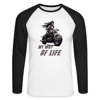 Motorradfahrerin My Way Of Life - Unisex Baseballshirt langarm - Weiß/Schwarz - Vorne - Nik (191cm)