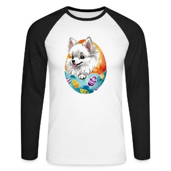 Poméranien Poméranien Aquarelle de Pâques - T-shirt baseball manches longues Homme - blanc/noir - Devant - Nik (191cm)