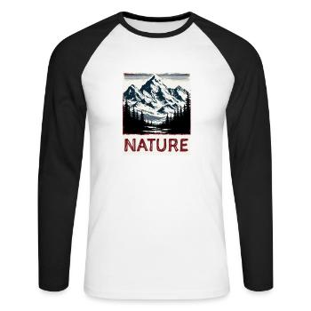 Nature Panorama Portrait of Mountains Forest Lake View - Unisex Long Sleeve Baseball T-Shirt - white/black - Front - Nik (191cm)