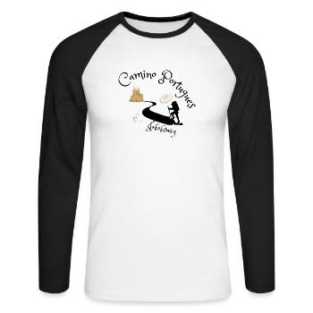 Jakobsweg - Camino Portugues - Unisex Baseballshirt langarm - Weiß/Schwarz - Vorne - Nik (191cm)