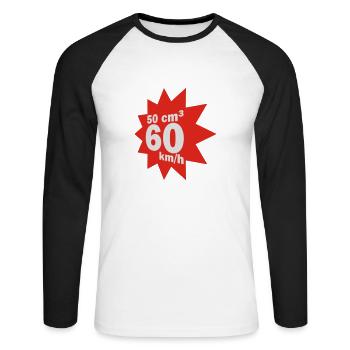 50 ccm, 60 km/h - Unisex Baseballshirt langarm - Weiß/Schwarz - Vorne - Nik (191cm)
