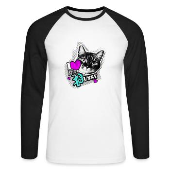 I love my PUSSY- J'aime mon chat - T-shirt baseball manches longues Homme - blanc/noir - Devant - Nik (191cm)
