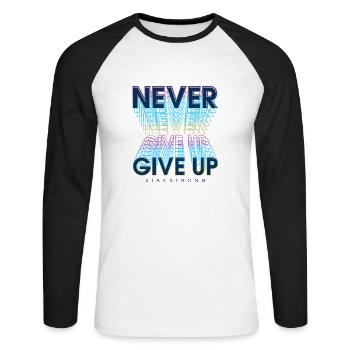 never give up schriftzug - Unisex Baseballshirt langarm - Weiß/Schwarz - Vorne - Nik (191cm)
