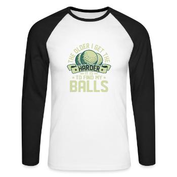 Plus je vieillis, plus il est difficile de trouver mes couilles - T-shirt baseball manches longues Homme - blanc/noir - Devant - Nik (191cm)