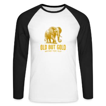Old but Gold never too old with Big Elephant - Unisex Long Sleeve Baseball T-Shirt - white/black - Front - Nik (191cm)