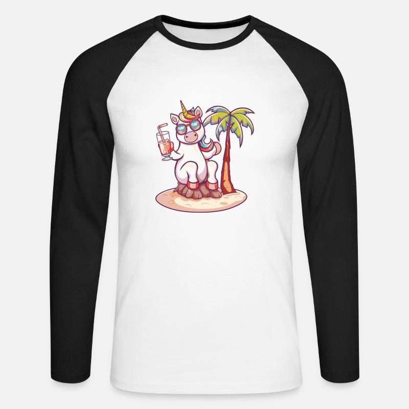 Einhorn Sommer Strand Comic - Unisex Baseballshirt langarm - Weiß/Schwarz