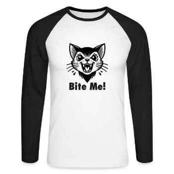 Chat vampire gothique - « Mordez-moi ! » Concevoir - T-shirt baseball manches longues Homme - blanc/noir - Devant - Nik (191cm)