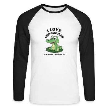 Cute Crocodile T-Shirt - Animal Lover Shirt - Unisex Long Sleeve Baseball T-Shirt - white/black - Front - Nik (191cm)