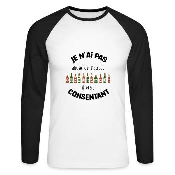 Je n'ai pas abusé de l'alcool, il était consentant - T-shirt baseball manches longues Homme - blanc/noir - Devant - Nik (191cm)