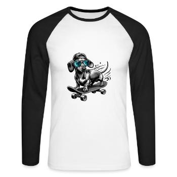 Dackel Jagdhund als Skater der Hund für Hunde - Unisex Baseballshirt langarm - Weiß/Schwarz - Vorne - Nik (191cm)