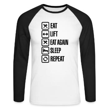 Eat - Lift - Eat again - Sleep - Repeat - T-shirt baseball manches longues Homme - blanc/noir - Devant - Nik (191cm)