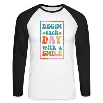 Motivierender T-Shirt Smile Day Grunge Effekt - Unisex Baseballshirt langarm - Weiß/Schwarz - Vorne - Nik (191cm)