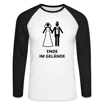 Ende Im Gelände (Polterabend, Hochzeit, Brautpaar) - Unisex Baseballshirt langarm - Weiß/Schwarz - Vorne - Nik (191cm)