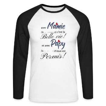 avec mamie c la belle vie et avec papy tout est pe - T-shirt baseball manches longues Homme - blanc/noir - Devant - Nik (191cm)