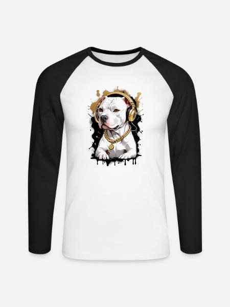 Hund Bulldogge mit Kopfhörer - Unisex Baseballshirt langarm - Weiß/Schwarz
