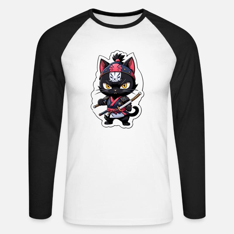 Ninja Cat - Gattino samurai - Maglia da baseball a manica lunga da uomo - bianco/nero