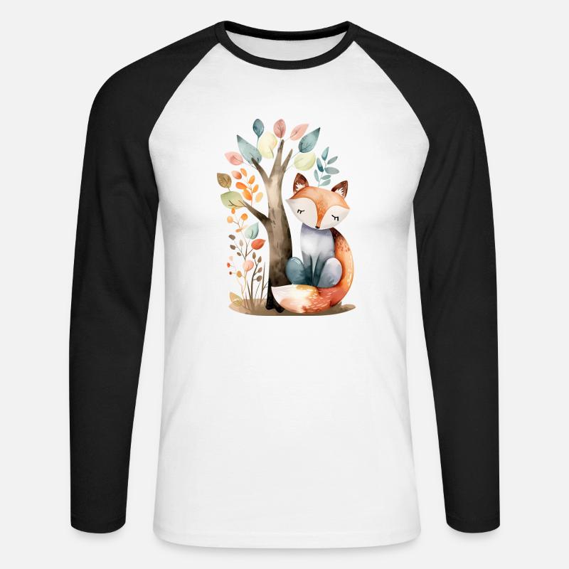 Cute Fox Under Tree - Unisex Long Sleeve Baseball T-Shirt - white/black
