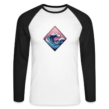 logo vague, forme de losange, dessin océan - T-shirt baseball manches longues Homme - blanc/noir - Devant - Nik (191cm)