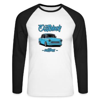 Trabi Illustration // Bloc de l’Est - T-shirt baseball manches longues Homme - blanc/noir - Devant - Nik (191cm)