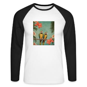Zwei Papageien auf einem Ast mit Hibiskusblüten - Unisex Baseballshirt langarm - Weiß/Schwarz - Vorne - Nik (191cm)
