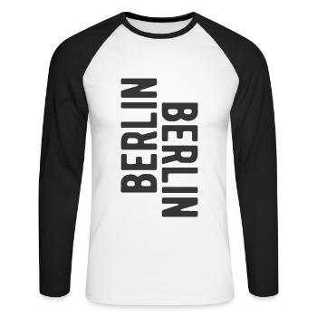 Lettrage berlinois Slogan de Berlin - T-shirt baseball manches longues Homme - blanc/noir - Devant - Nik (191cm)