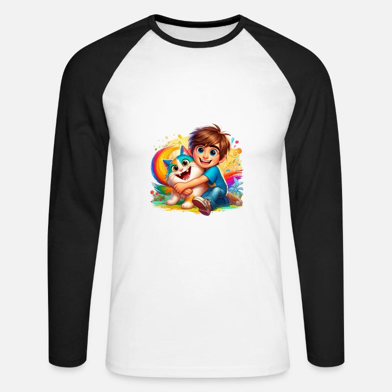 Junge mit süßer Katze - Unisex Baseballshirt langarm - Weiß/Schwarz