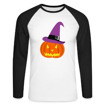 Citrouille et chapeau d’Halloween - T-shirt baseball manches longues Homme - blanc/noir - Devant - Nik (191cm)