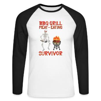 BBQ Grill Mangeur de viande Survivant Squelette - T-shirt baseball manches longues Homme - blanc/noir - Devant - Nik (191cm)